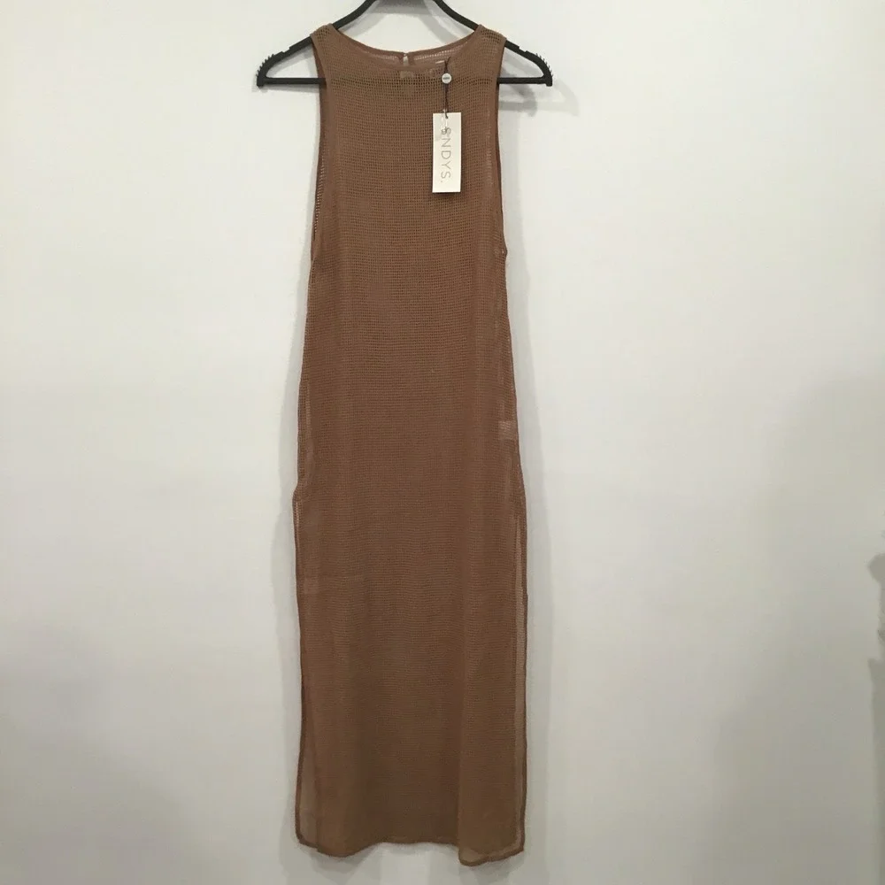 Sndys Paradise Maxi Swim Beach Coverup Nude Brown Crochet Netted Sheer SZ XS NWT